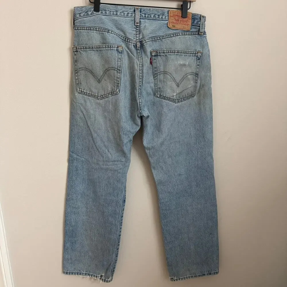 Vintage 90s Levis 501s Thrashed Light Wash Mens 34 x 30 Distressed Red Tab Jeans
